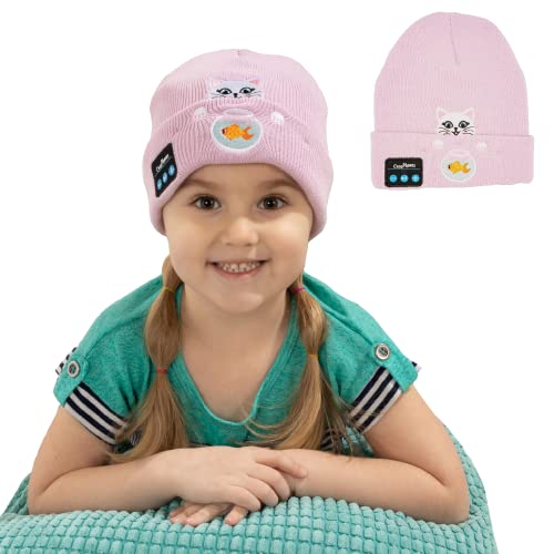CozyPhones Wireless Over-Ear Headphones Beanie for Kids & Teenagers - Warm & Comfy Travel Accessories for Cold Weather - Pink White Cat
