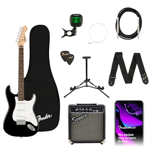 Squier by Fender Electric Guitar Kit, with 2-Year Warranty, Stratocaster, Laurel Fingerboard, Black, Poplar Body, Includes Frontman 10G Guitar Amp, Padded Guitar Bag, Guitar Strap and More
