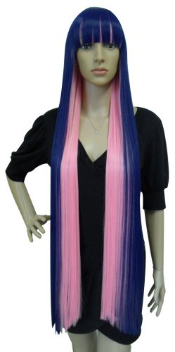 Anogol Hair Cap+ Blue Mix Pink Wig Long Straight Wig for Girl with Bangs Costume for Women Synthetic Hair Wigs for Stocking Cosplay Halloween Wig Anime Party