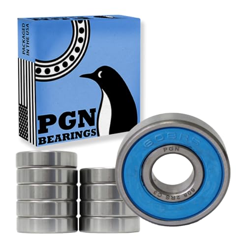PGN (10 Pack) 608-2RS Bearing - Lubricated Chrome Steel Sealed Ball Bearing - 8x22x7mm Bearings with Rubber Seal & High RPM Support