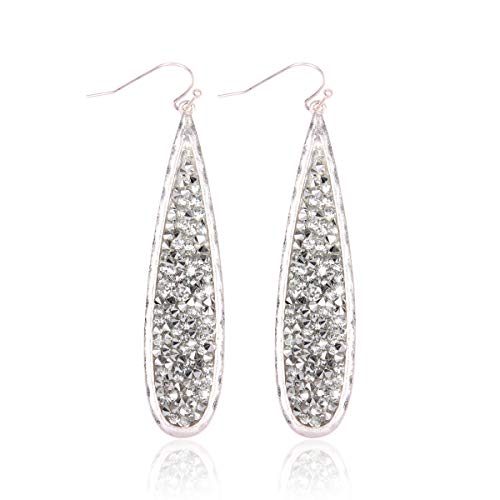 Glitter Rhinestone Statement Drop Earrings - Sparkly Crystal Geometric Metal Hook Dangles Vertical Bar, Elongated Teardrop, Shield Disc (Encrusted Jewel - Teardrop Clear/Silver)
