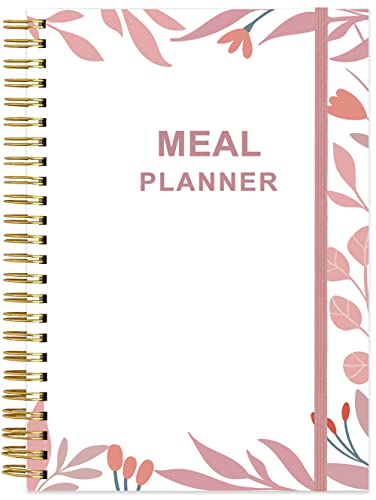 Weekly Meal Planner Notebook - A5 Weekly & Daily Meal Prep Journal with Shopping and Grocery Lists for Menu Planning, 93 Sheets/186 Pages Healthy Diet & Weight Loss Tracking, Undated, 52 Weeks, Lasts 1 Year, Teal Flower
