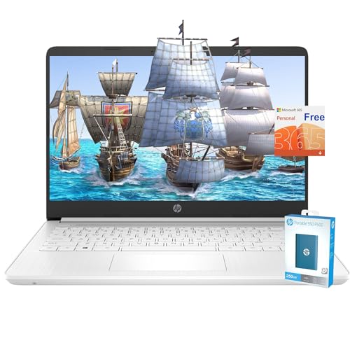 Hp Newest 14' Ultral Light Laptop, 314GB Storage(64GB eMMC+250GB Portable SSD), Intel Quad-Core N4120, 1 Year Office 365, HDMI, WiFi, USB-A&C, Long Battery Life, Win 11S (8GB RAM, White)