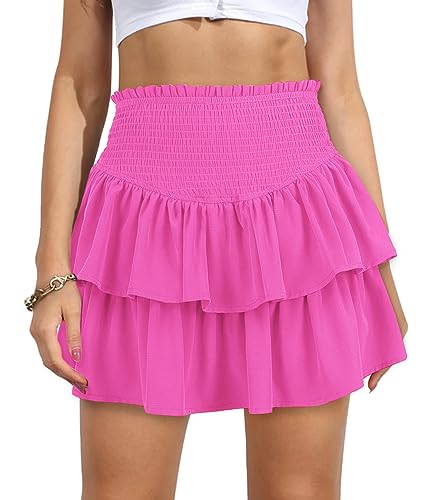 Vigorics Pink Skirt for Women High Waisted Skirt with Shorts Underneath Ruffle Skirt for Teen Girls for Vacations and Beach Pink L