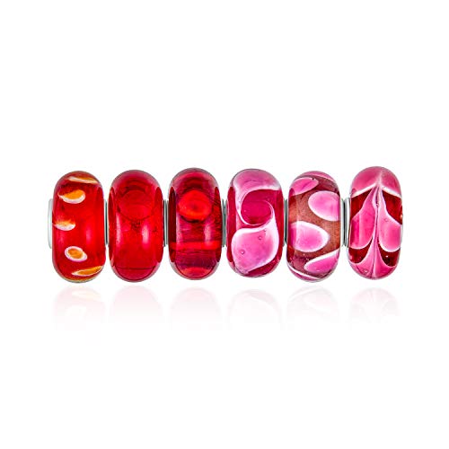 Bling Jewelry Mixed 6 Set Of Bundle .925 Sterling Silver Core Translucent Shades Of Red Pink Murano Glass Swirl Flower Charm Bead Spacer Fits European Bracelet For Women Teen