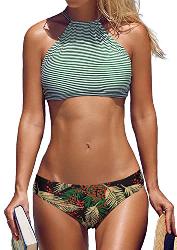 beautyin Womens High Neck Bikinis Halter 2 Piece Bathing Suits Striped Swimsuits