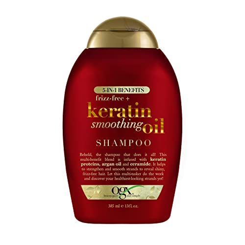 OGX Frizz-Free + Keratin Smoothing Oil Shampoo, 5 in 1, for Frizzy Hair, Shiny Hair