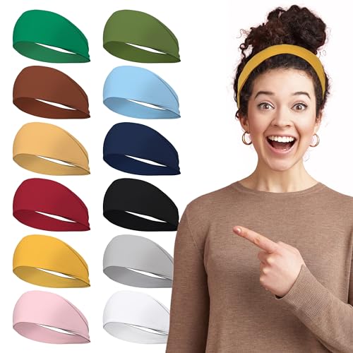 lotus78,12 Pack Headbands for Women, Fashionable Sports Hairbands, Elastic Wide Headbands, Non-Slip Workout Yoga Sports Headbands for Women (Feel Icon)