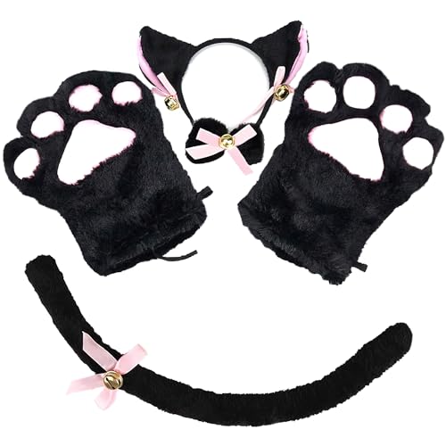 UWANTME Cat Cosplay Costume Cat Ears and Tail with Collar, Cat Paws Gloves Set for Halloween Chrismas Party Dress Up