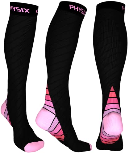 Physix Gear Compression Socks 20-30 mmHg - Men & Women - Running, Nurses, Shin Splints, Flight, Travel (BLACK/PINK-L/XL)