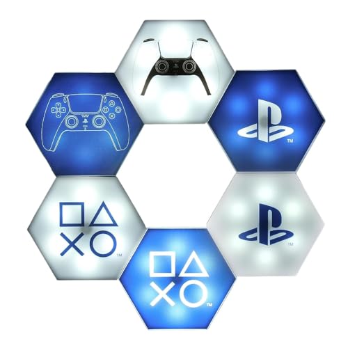 Paladone Playstation Hexagon LED Lights - Free Standing or Wall Mountable - Customizable Game Room Decor Lighting - Remote-Controlled Light Phasing and Music Reactive Modes