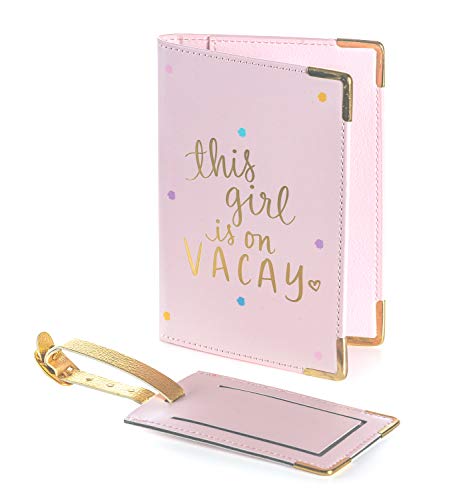 Eccolo Passport Cover Case and Luggage Tag Set, Card and Passport Holder for Women, Luggage Accessories for Travel, Gift Box, “This Girl is On Vacay” (Pink, 5.5x4 inches)