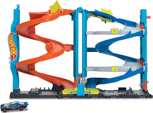Hot Wheels City Toy Car Track Set, Transforming Race Tower, Single to Dual-Mode Racing, with 1:64 Scale Vehicle, 2 Ways to Race
