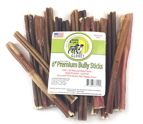 Sancho & Lola's 6-Inch Thin Bully Sticks Dogs - (10 Count) Grass-Fed Free-Range Grain-Free Beef Pizzle Dog Chew Sticks