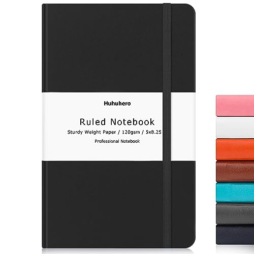 Huhuhero Lined Journal Notebook, Ruled Notebook for Work, Hardcover 120Gsm Premium Thick Paper with Faux Leather Notebook for Journaling Writing Office School Supplies 5.25'×8.25' (1,Matte Black)