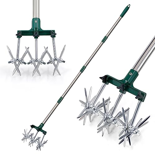 Altdorff Rotary Cultivator Set, 25'-63' Adjustable Gardening Rotary Tiller and Hand-Held Garden Cultivator swith Aluminum Detachable Tines, Reseeding Grass or Soil Mixing