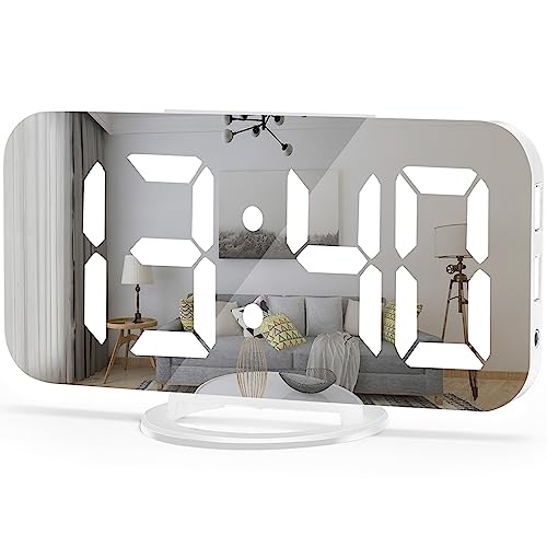 U-pick Digital Alarm Clock, 6.6' Large Mirrored LED Clock with Dual USB Charger Ports | Easy Snooze Function | 3 Adjustable Brightness Suitable for Bedroom Home Office (White)
