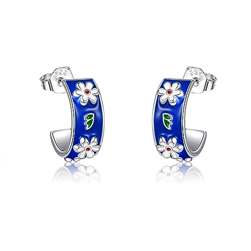 EXRANQO Vintage Enamel Daisy Earrings 925 Sterling Silver Daisy Flower Hoop Earrings Jewelry Gifts for Women