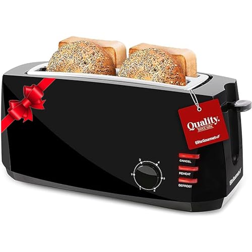Elite Gourmet ECT4829B Long Slot 4 Slice Toaster, 6 Toast Settings Toaster Defrost, Reheat, Cancel Functions, Slide Out Crumb Tray, Extra Wide Slots for Bagels Waffles, Black