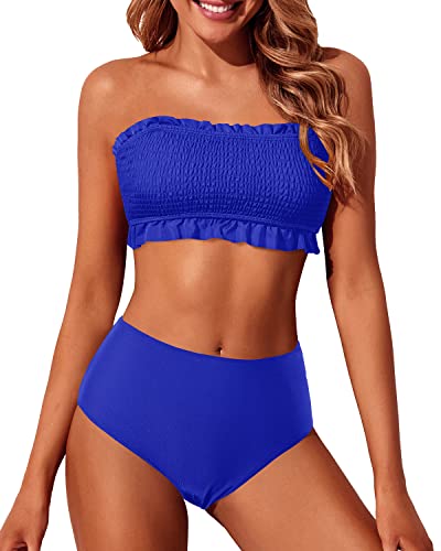 Tempt Me Royal Blue Women Bandeau High Waisted Bikini Sets Smocked Swimsuit Strapless Two Piece Bathing Suit M