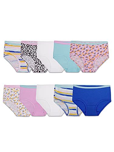Fruit of the Loom Girls' Big Tag Free Cotton Brief Underwear Multipacks, Brief-10 Pack-White/Stripes/Animal Print, 8