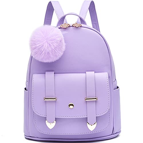 I IHAYNER Girls Fashion Backpack Mini Backpack Purse for Women Teenage Girls Purses PU Leather Pompom Backpack Shoulder Bag Purple