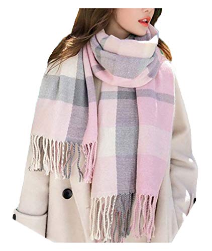 Wander Agio Women's Fashion Scarves Long Shawl Winter Thick Warm Knit Large Plaid Scarf Pink Grey 2