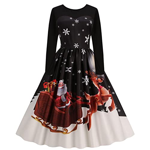 Women's Christmas Dress Short Sleeves Printed Vintage Style A-Line Santa Claus Party Dresses