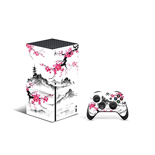 ZOOMHITSKINS Compatible for Xbox Series X Skin, Series X Skin Cover, Orient Temple Sakura Japan Anime Pink White Cherry, Durable & Fit, 3M Vinyl, Easy to Install, Made in The USA