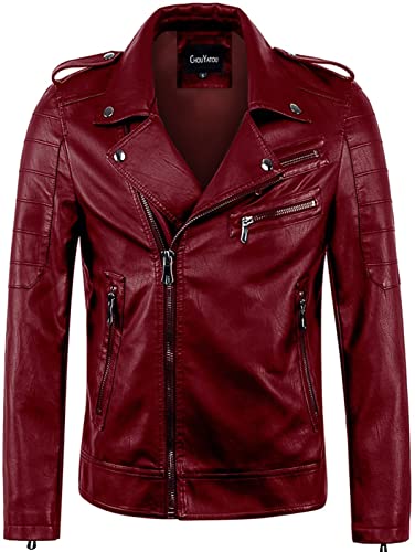 chouyatou Men's Vintage Asymmetric Zip Lightweight Faux Leather Biker Jacket (X-Large, Wine Red)