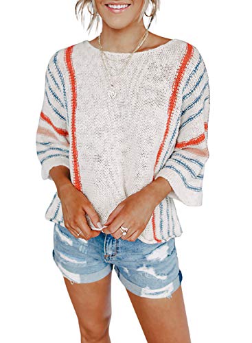 Dokotoo Womens Ladies Cute Casual Summer Fall 2023 Crewneck Color Block Striped Wide Bell 3/4 Sleeve Oversized Baggy Lightweight Comfy Cozy Cable Knit Beach Pullover Sweaters for Women Tops Shirts M