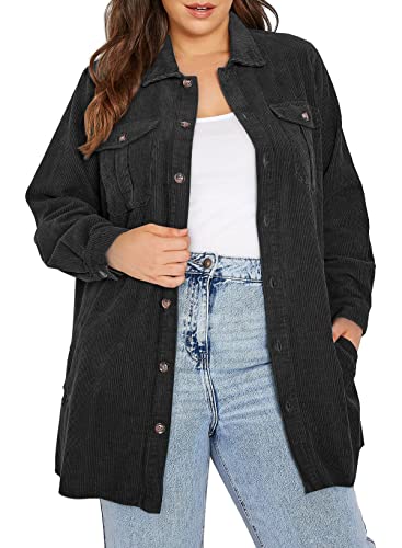 Eytino Womens Plus Size Boyfriend Shirts Long Sleeve Button Up Pockets Corduroy Shacket Jackets Coats,3X Black