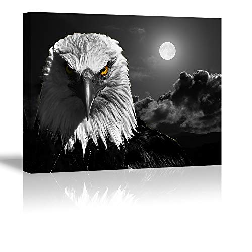 Cool Eagle Wall Art Decor for Bedroom, PIY Fierce Bald Eagle under Moon Night Picture, Awesome Black and White Canvas Prints Decor Artwork (1' Thick, Waterproof, Bracket Fixed Ready to Hang)