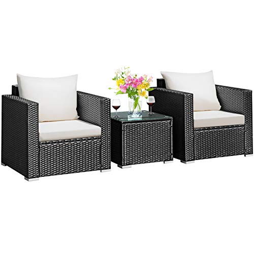 Tangkula 3 Pieces Patio Furniture Set, PE Rattan Wicker Sofa Set w/Washable Cushion and Tempered Glass Tabletop, Outdoor Conversation Furniture for Garden Poolside