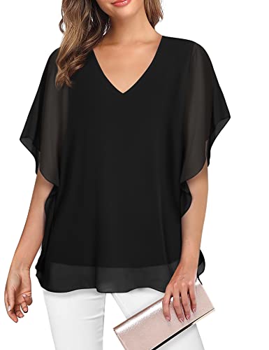 Black Blouse, Lotusmile Summer Blouse for Women Beach Batwing Sleeve Elegant Chiffon Tops for Wedding Guest Formal Special Occasion Blouses Work Dress Shirts for Women Business Casual Office Tunic