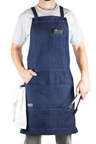 Hudson Durable Goods Adjustable Crossback Denim Apron with Pockets – 34 x 27 In. Chefs Apron with 4 Pockets and Loop Fits Most – Indigo Denim Apron for Men and Women in Home or Commercial Settings