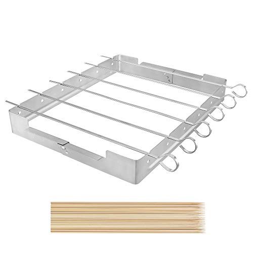 Unicook Upgraded Stainless Steel Barbecue Skewer Shish Kabob Set, 6pcs 13.5'L Skewer Sticks with Foldable Large Grill Rack, Keeps Kabobs from Sticking to the Grill Grate, 50pcs Bamboo Skewers as Bonus