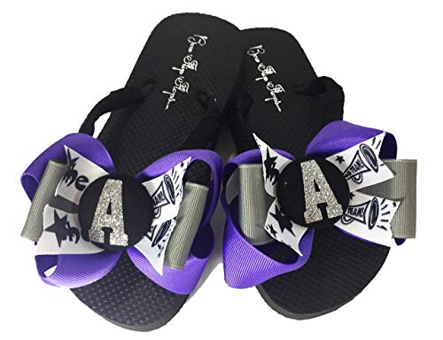 Cheer Bow Flip Flops with Glitter Initial, Purple & Gray, Girls Sandals