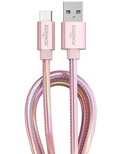 LIQUIPEL Powertek Metallic Shine USB Type C Charger Cable, 6ft Fast Charging USB C Cord, Adapter for Car, Galaxy, Android, Note, MacBook, Nintendo, Playstation, Chromebook, Pixel (Rose Pink)
