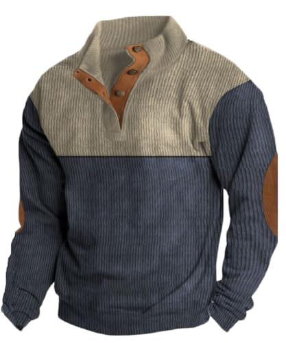 HARGLESMAN Mens Stand Collar Sweatshirt Corduroy Contrast Pullover Fashion Casual Sweater Dress Vintage Stylish Blouse Top Shirt Man Junior Teen Cloth Fall Apparel Blue XL
