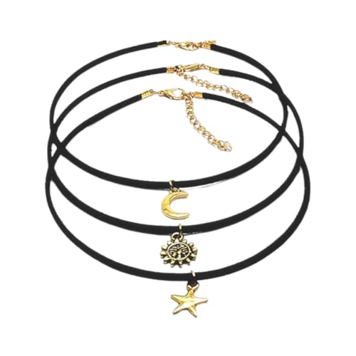 JczR.Y Sun Moon Star Necklace Pendant Black Velvet Rope Crescent Horn Shape Choker Necklace Adjustable for Women Girls Fashion Jewelry 3 Pcs/set(Moon&Sun&Star)