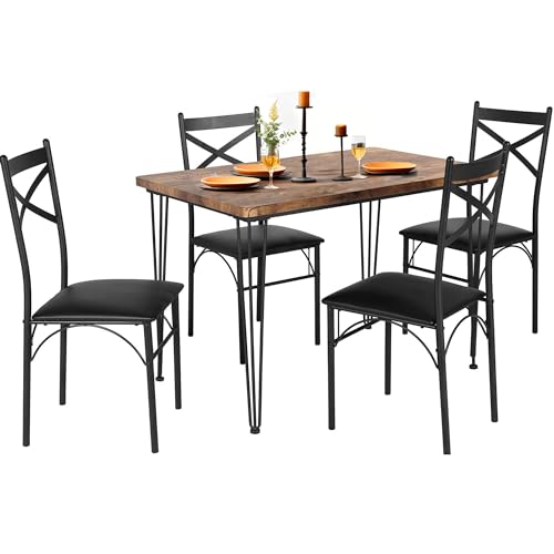 VECELO 5-Piece Set for Home Kitchen Breakfast Nook, with 4 Chairs, Black, Dining Table for 4, Retro Brown