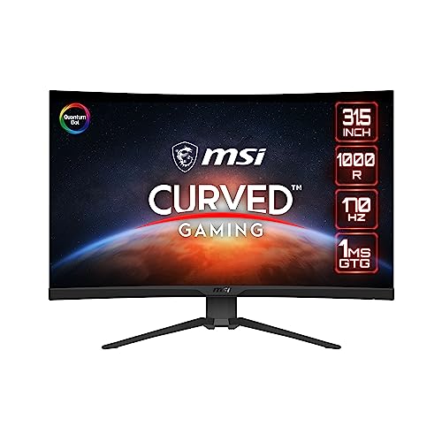 MSI MAG325CQRF QD, 31.5' Gaming Monitor, 2560 x 1440 (QHD) Rapid VA with Quantum Dot, 1 ms, 170Hz, FreeSync Premium, HDR Ready, 1000R, HDMI, DisplayPort, Tilt and Height Adjustable.