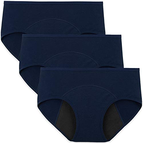 INNERSY Women's Hipster Period Underwear Postpartum Teens Menstrual Panties 3-Pack(Blue with Dark Lining,3X-Large)