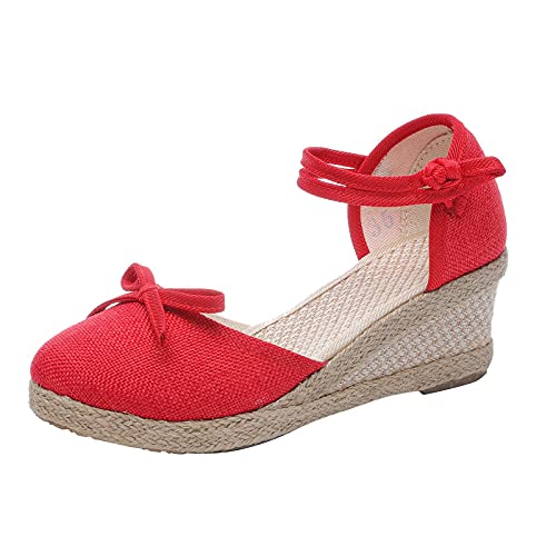 Shengsospp Round Toe Espadrilles Platform Wedge Sandal with Adjustable Ankle Strap Summer Comfortable Cross Band Low Wedges Sandal For Women Red_06, 9