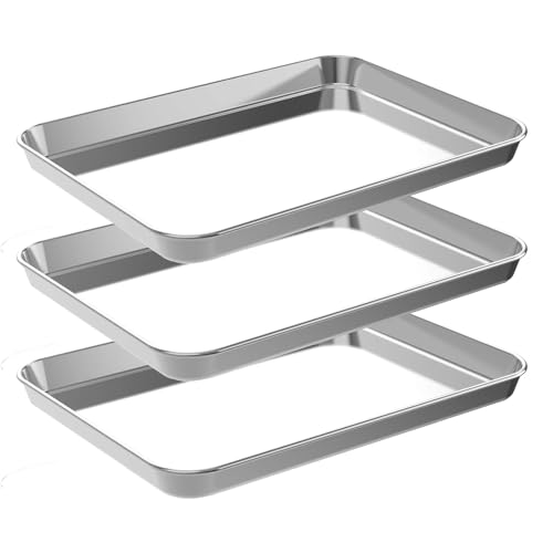 Small Baking Sheet Pan, 1/8 Aluminum Cookie Sheets for Baking, Toaster Oven Pans Heavy Duty, Deep Edge, Set of 3