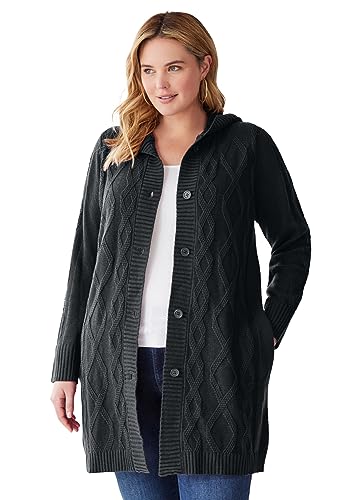 Woman Within Women's Plus Size Hooded Cable Cardigan - 4X, Black