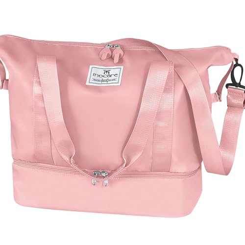 MOCARE Travel Duffel Bag, Sports Gym Tote Carry on Bags for Women, Foldable Lightweight Overnight Shoulder Weekender Shopping Hospital Handbag with Shoes Compartment (Pink)