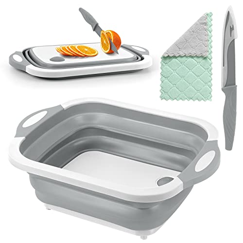 Collapsible Cutting Board, HI NINGER Chopping Board with Knife Kitchen Foldable Camping Dishes Sink Space Saving 3 in 1 Multifunction Storage Basket for BBQ Prep/Picnic/Camping (Grey)