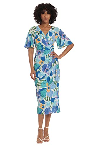 Maggy London Women's Short Flutter Sleeve Faux Wrap Midi Dress, Soft White/Cornflower Blue, 16